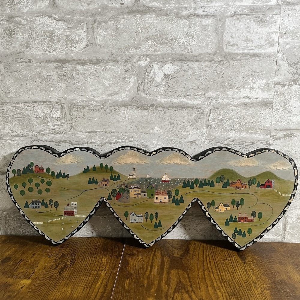 Vintage hand-painted folk art wooden wall hearts plaque coastal village scene